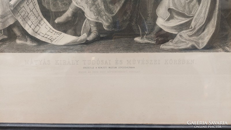 Among the scientists and artists of King Matthias, lithograph in a glazed picture frame