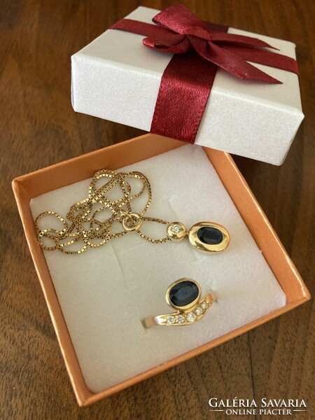 14K gold earrings, necklace with sapphire, set - 9.08g