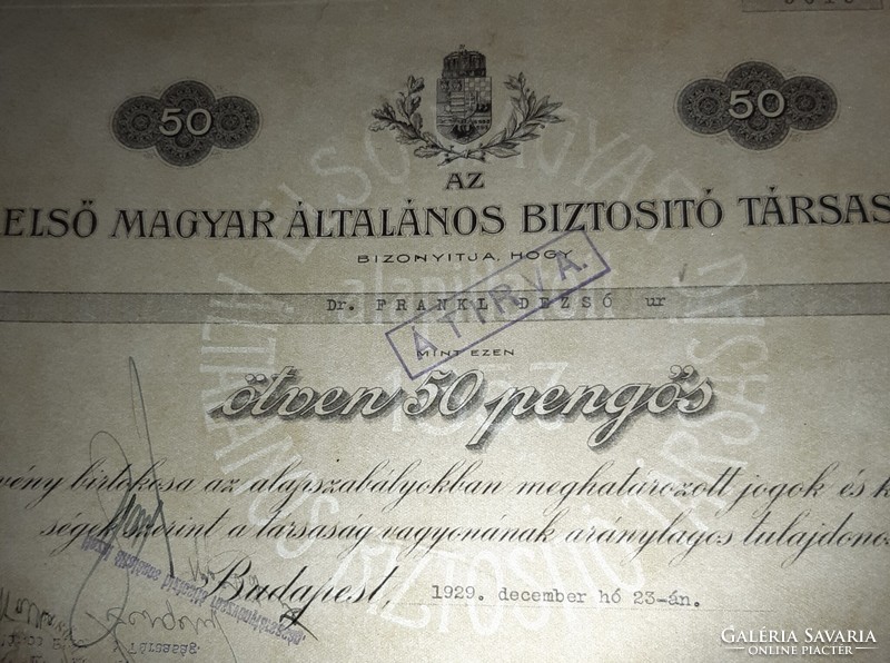 Első Magyar Általános Biztosító Társaság részvény, 50 pengő