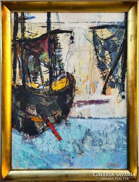 László Bod's (1920 - 2001) harbor c. Gallery painting with original guarantee!