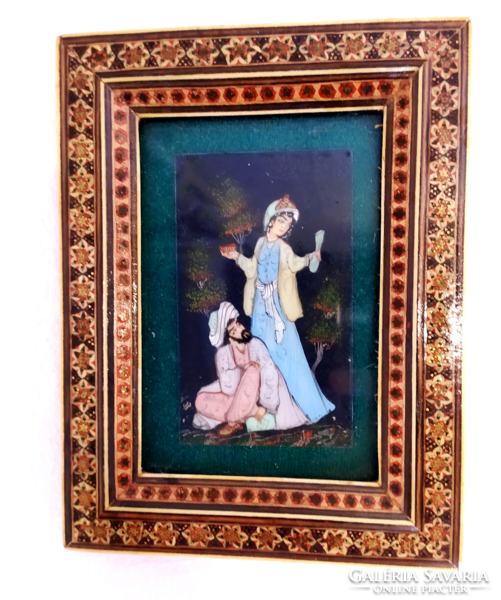 Old picture painted on silk in a rosewood and bone inlaid frame