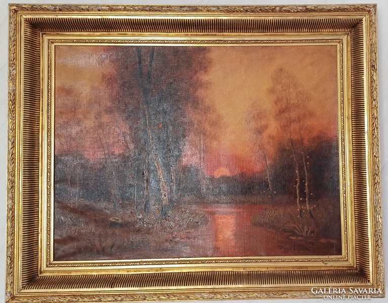 Antique beautiful oil painting, in a special windy gold frame