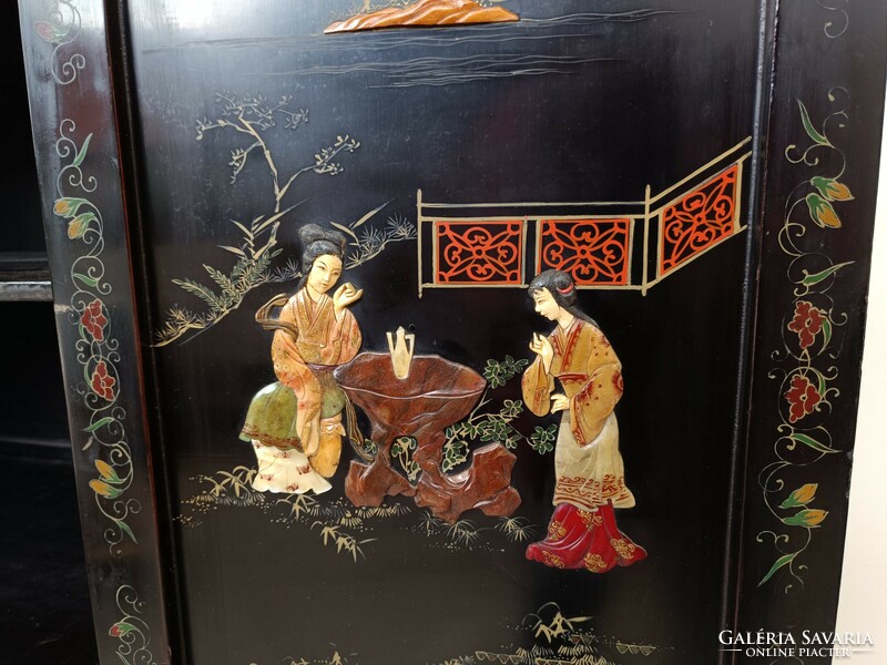 Antik kínai bútor növény gésa madár zsírkő dombor berakásos festett fekete lakk szekrény 449  8136