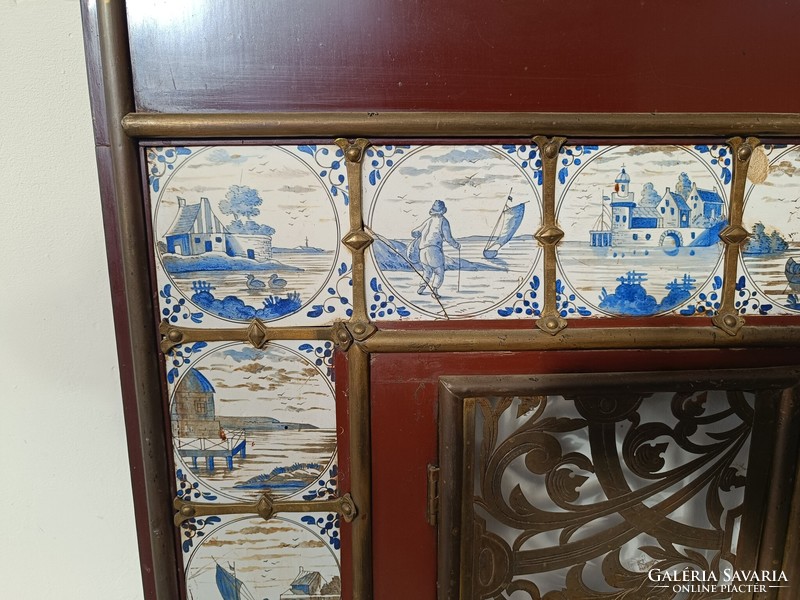 Antique engraved copper stove with door, fireplace frame, Delft tile inlay with decoration 444 8128