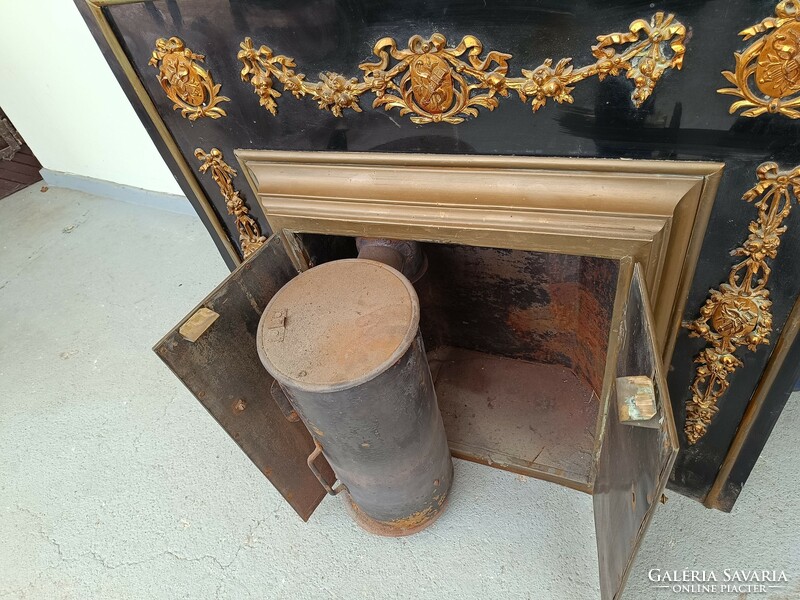 Antique classicist engraved copper stove with door, fireplace frame with applique decoration 441 8127