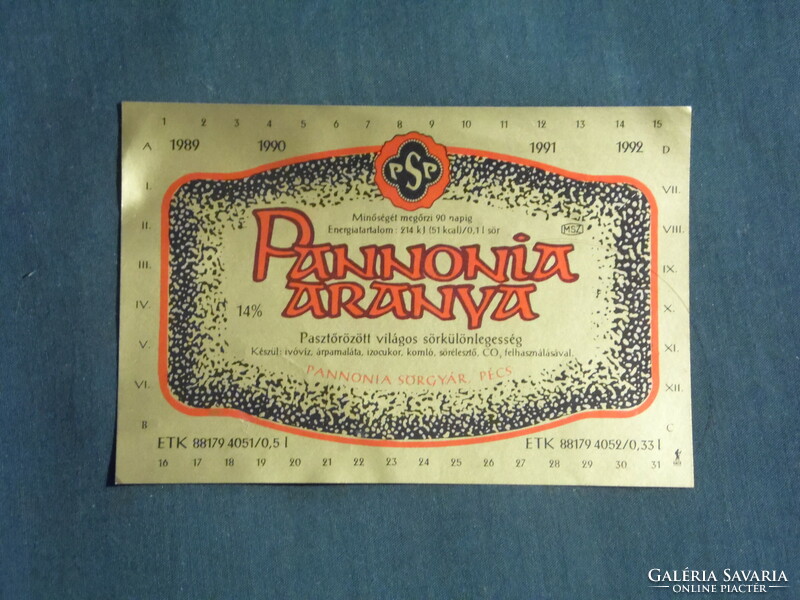 Beer label, Pannonia brewery Pécs, Pannonia golden beer