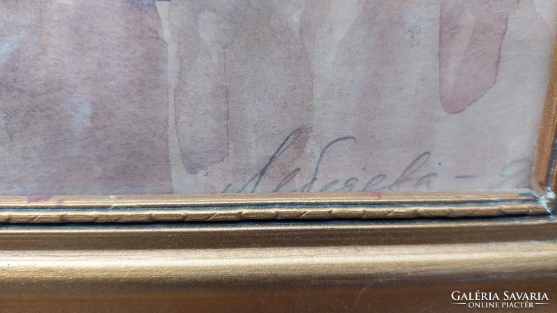 Üvegezett arany-fa képkeret akvarell festménnyel