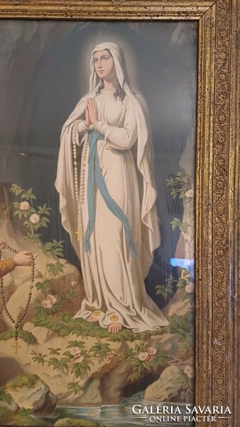 Antik kèpkeret fotókeret festmény keret .Lourdes Mària különleges antik szentkèp nyomat 1800-as évek