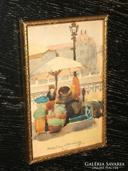 KRUSNYÁK KÁROLY akvarell - piaci jelenet - 1911