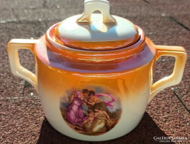 Zsolnay mitológiai  életképes  lüszter mázas teás nagyméretű cukortartó bonbonier