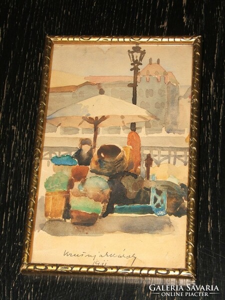 Károly Krusnyák watercolor - market scene - 1911