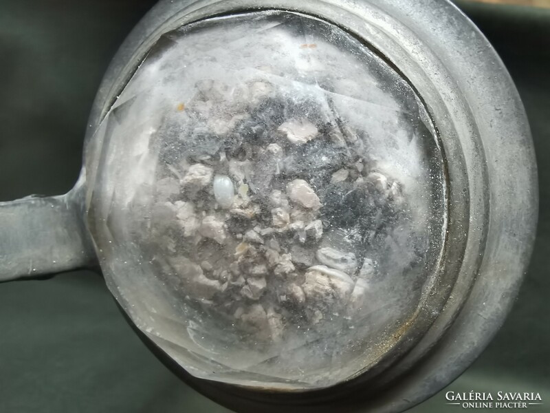 Antique scaled tin lid with polished blown glass Biedermeier beer mug