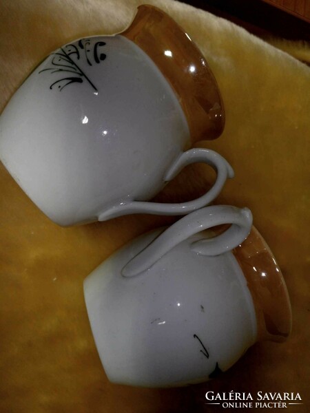 Pear-patterned sour cream mugs with bellies are sold in pairs, collectible pieces for a display case.