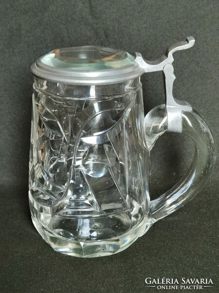 Antique tin lid, polished blown glass Biedermeier beer mug