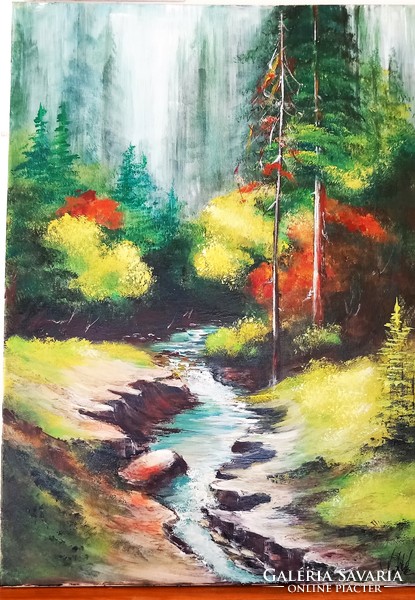 "FENYŐ ERDŐ,HEGYI PATAK"festmény.70x 50 cm-es feszített vászon