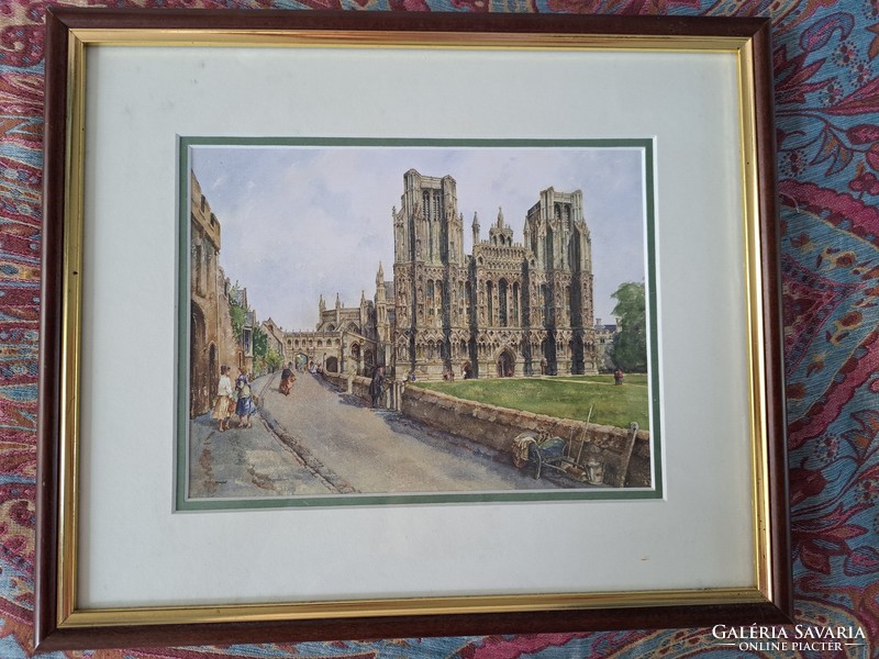 Wells somerset cathedral color print, glazed wooden frame