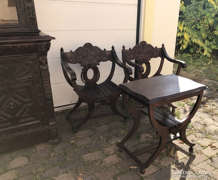 Neo-Renaissance set of two heavy standing clocks, small table and 2 chairs