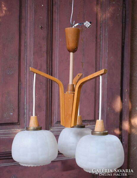Retro chandelier, ceiling lamp, wooden three-armed glass shade 40 x 55 cm
