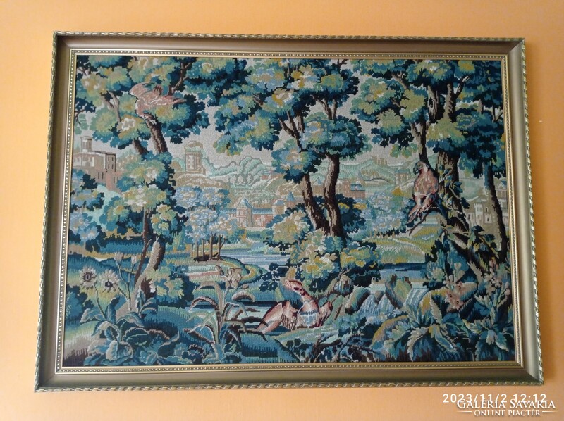 Angolkert, Édenkert kézzel készített gobelin, 95x130 cm, szép fa keretben, Falikép