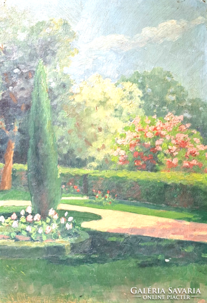 In the park - cheerful, summer landscape (old oil painting) nature, flowers - painter from Kassa?
