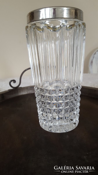 Thick crystal vase with silver-plated metal rim