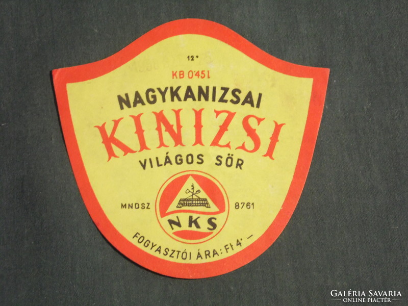 Beer label, Nagykanizsa brewery, Kinizsi light beer