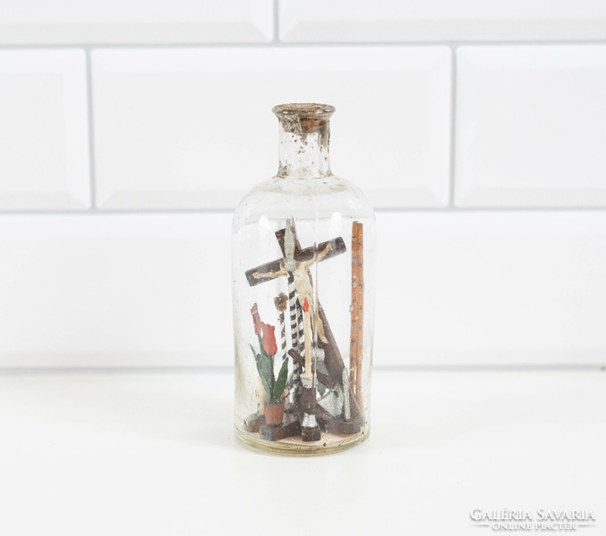 Old handmade patience glass with Christ and cross - bottle, flask