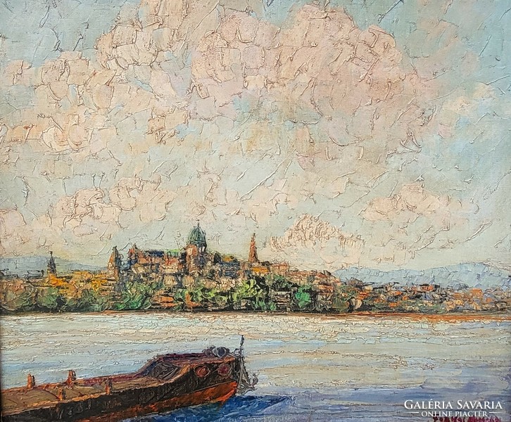 Farkas Mihály (?-?) Budapest Dunai látkép Uszállyal c. festménye Eredeti Garanciával.