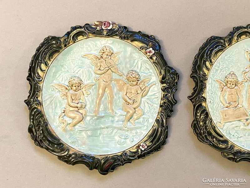 Musical puttók antique painted faience wall plate pair of wall plates 40 cm