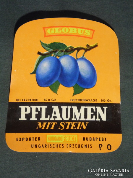 Canned preserves label, Hungarian canning factory, globus plum preserves