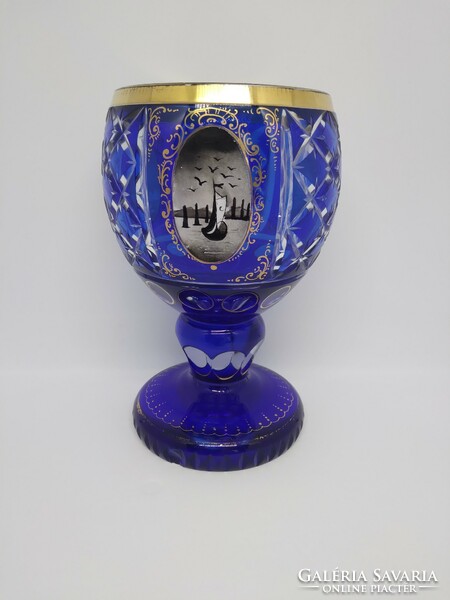 Antique Biedermeier polished blue crystal glass / goblet with enamel painted landscapes