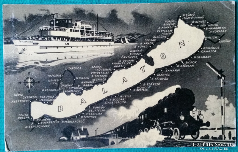 Balatoni térképes képeslap, rajz: Farnadi Frigyes, futott, 1958
