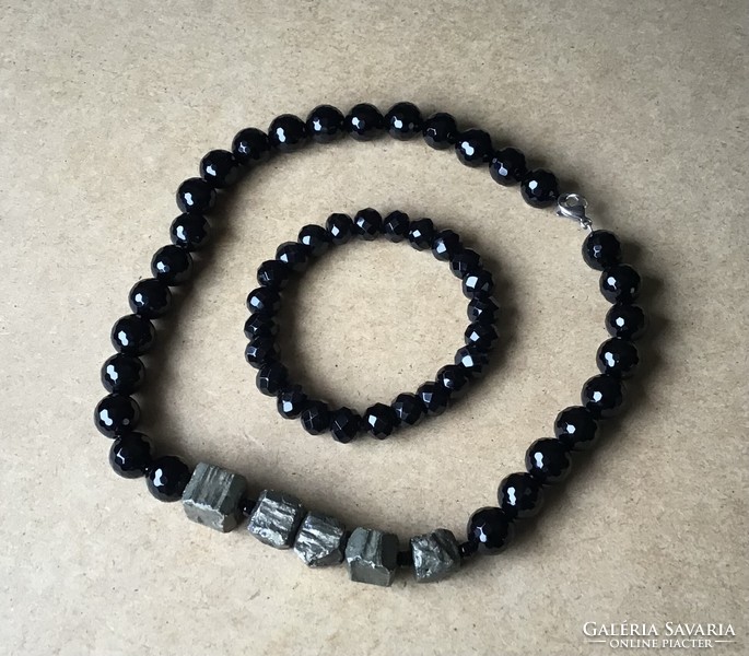 New onyx string of beads and bracelet with pyrite stones