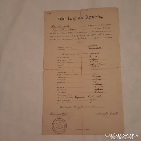 Civil school certificate for girls, Eger Institute for English Misses, 1908