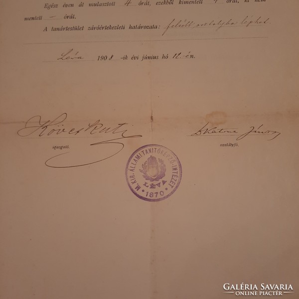 Certificate from the Royal Hungarian State Teacher Training Institute in Léva, 1908.