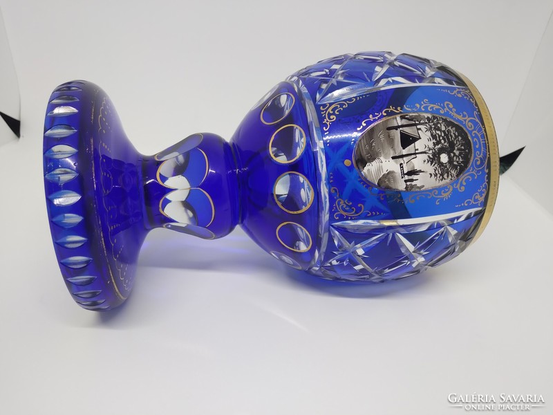 Antique Biedermeier polished blue crystal glass / goblet with enamel painted landscapes