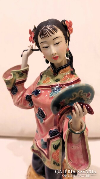 Marked, Chinese, flawless, porcelain statue of a lady with a mirror, 28x14x8 cm