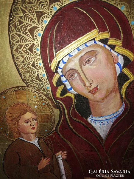 Mária a kis Jézussal, jelzett, kézzel fa lapra festve sok aranyozással