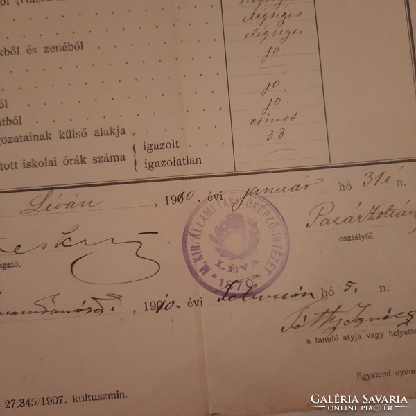 Léva state teacher training institute notice about student progress 1910. Year