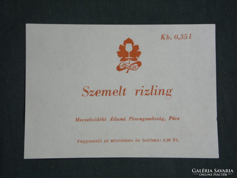 Wine label, Mecsekvidék wine farm, Pécs, selected Riesling