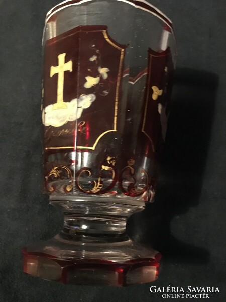 Xix.Sz.I. Antique biedermayer crimson pickled, polished, painted glass! 13.4X8 cm !!
