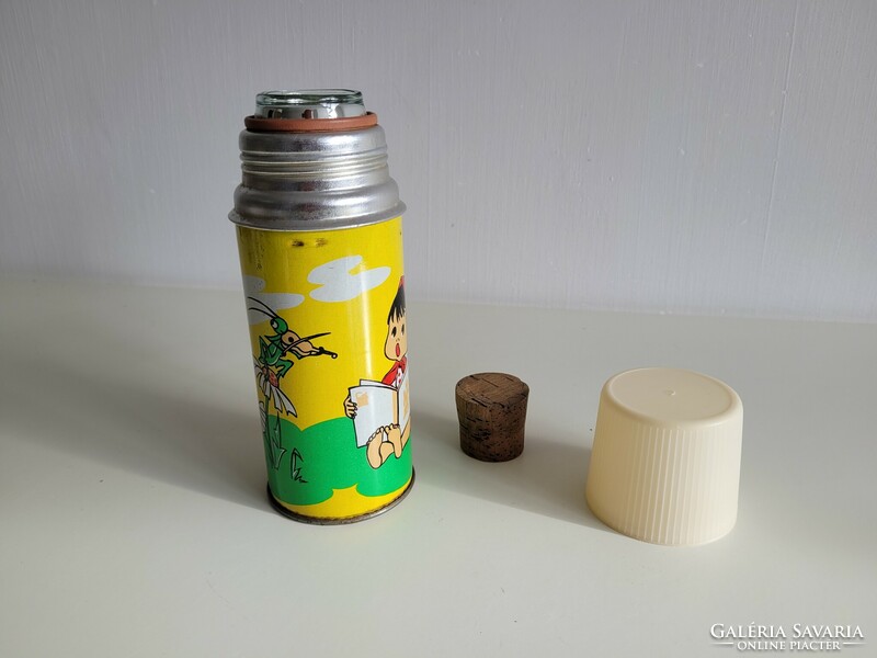 Old retro little girl ladybug cricket pattern children's thermos mid century metal thermos with glass insert