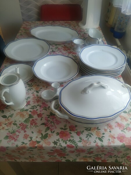 Porcelain gold-edged, blue-striped tableware for sale! Retro Czech porcelain tableware for sale!