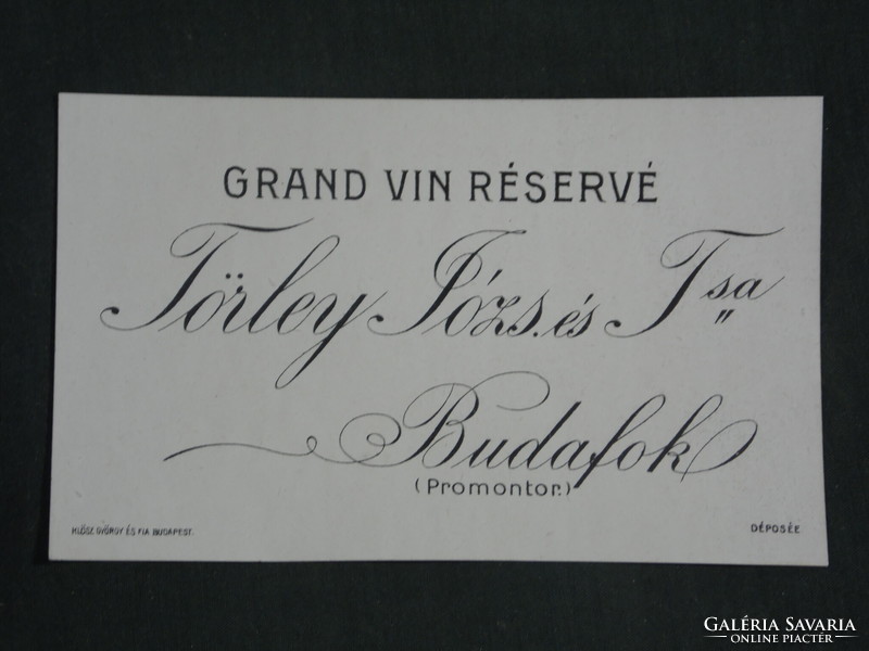 Wine label, grand vin réservé, József Törley and tsa, Budafok promontory wine