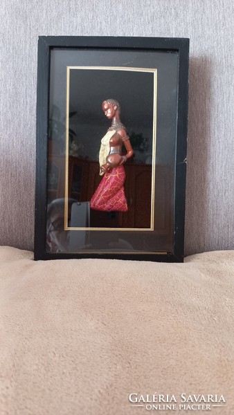 Regency art porcelain Maasai kneeling lady, special, rare wall decoration in glazed wooden frame
