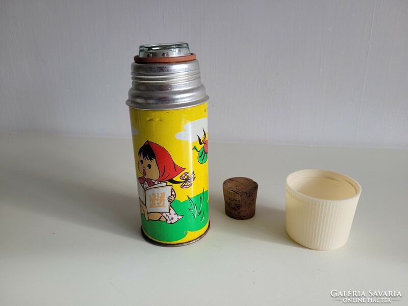 Old retro little girl ladybug cricket pattern children's thermos mid century metal thermos with glass insert