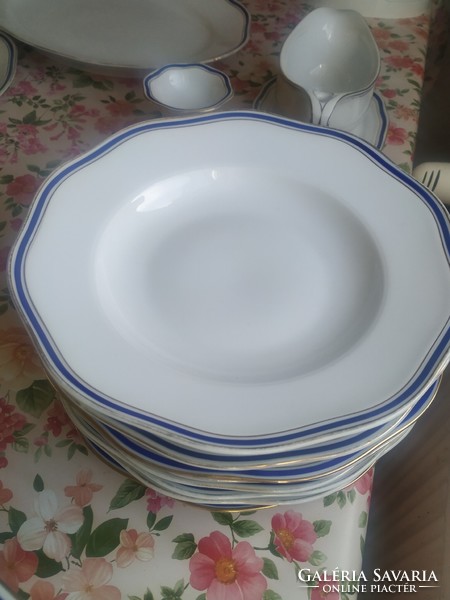 Porcelain gold-edged, blue-striped tableware for sale! Retro Czech porcelain tableware for sale!