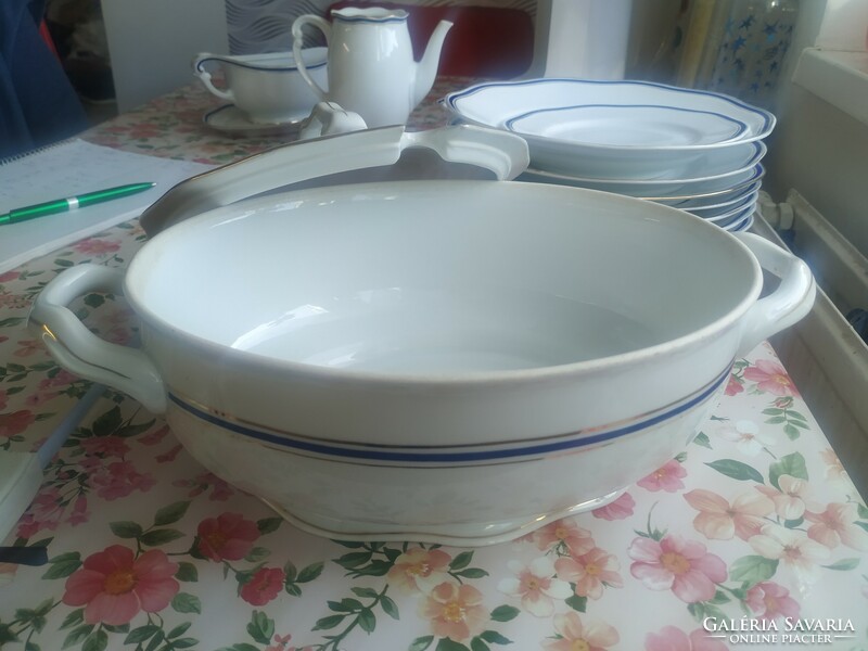 Porcelain gold-edged, blue-striped tableware for sale! Retro Czech porcelain tableware for sale!