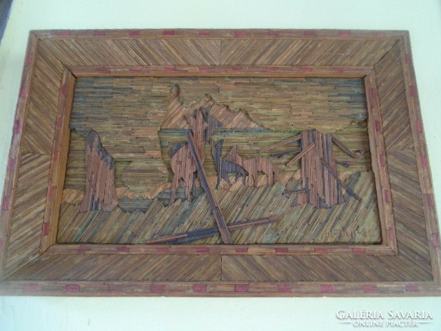 Egyedi eljárással készült 100% kézi munka erdő jelenetes festmény után fából őzikés falikép
