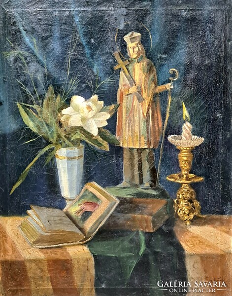 Csendélet szent figurával - olajfestmény Sebők szignóval - könyvek és gyertya
